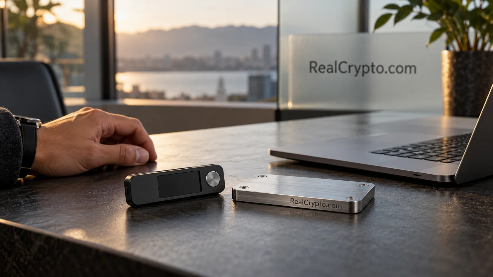 Hardware wallet and engraved RealCrypto.com steel plate in a daylight workspace